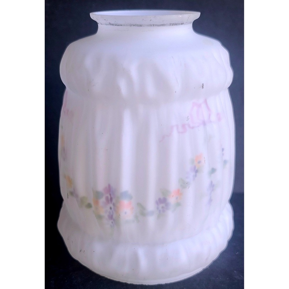 Antique Frosted Satin Glass Lamp Shade Hand Painted Pink Floral Ribbon 5.75 inch